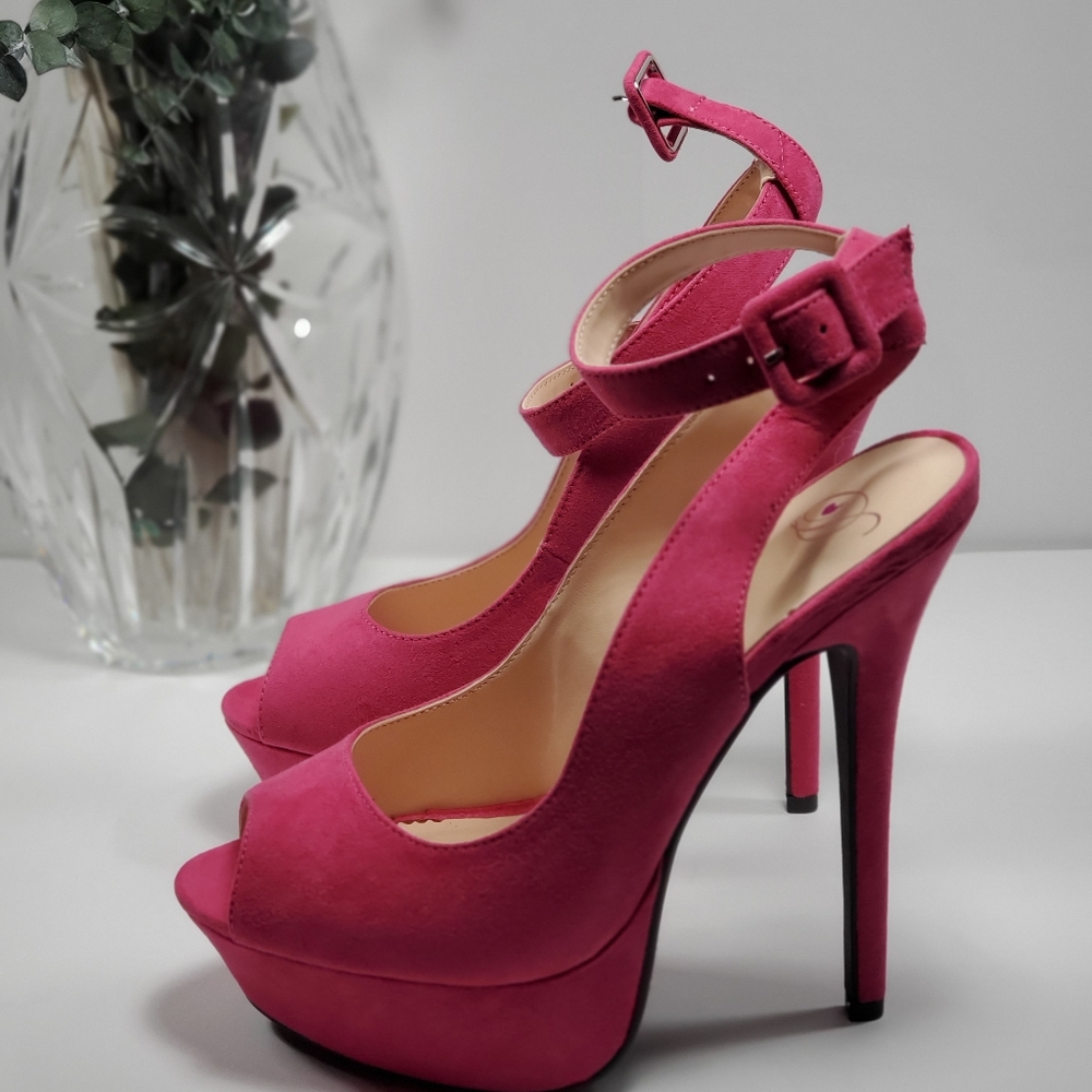 Pink Suede Peep-Toe Platform Ankle Strap Stiletto